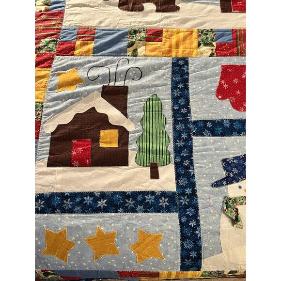 Handmade Winter Christmas Patchwork Appliqué Quilt Twin Snowmen Cabins Bears Fun - Picture 6 of 12